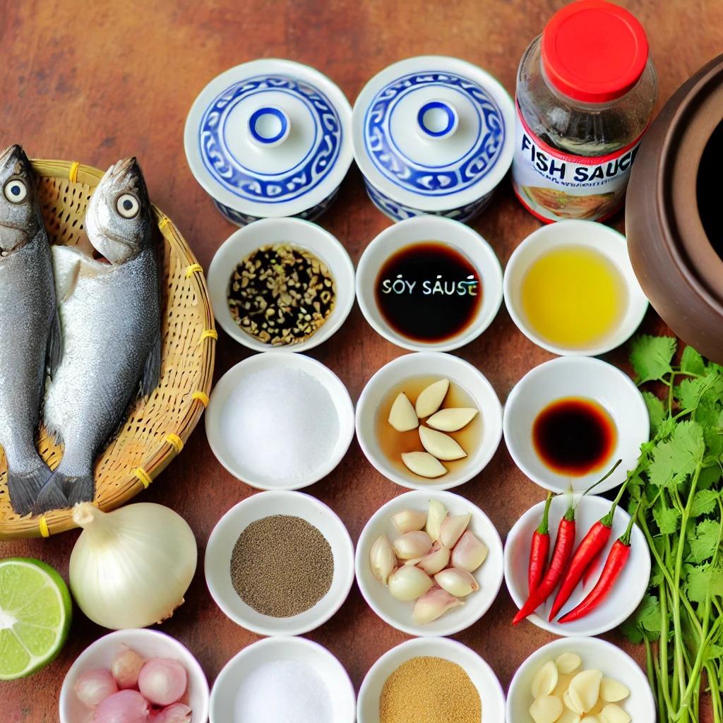 Nguyên liệu làm cá chim kho tiêu gồm tiêu, nước mắm, tỏi và hành tím Nguyên liệu làm cá chim kho tiêu gồm tiêu, nước mắm, tỏi và hành tím